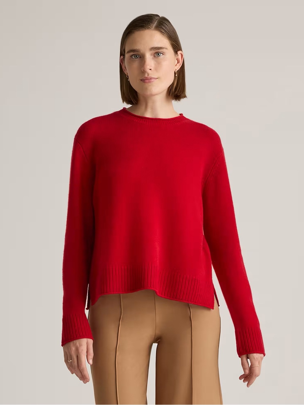 Quince Red Mongolian Cashmere Boxy Crew Neck Long Sleeve Sweater Medium